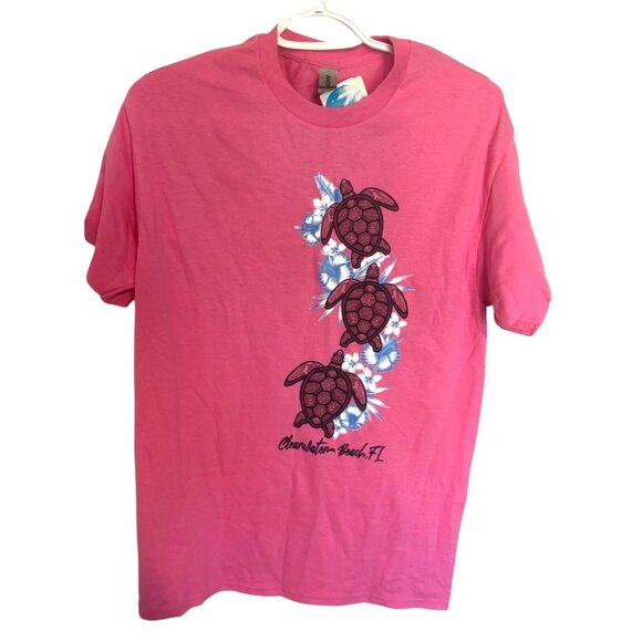 Charleston Beach FL Pink Turtle Print Graphic Tee Gildan Cotton Blend Size L - Picture 1 of 7